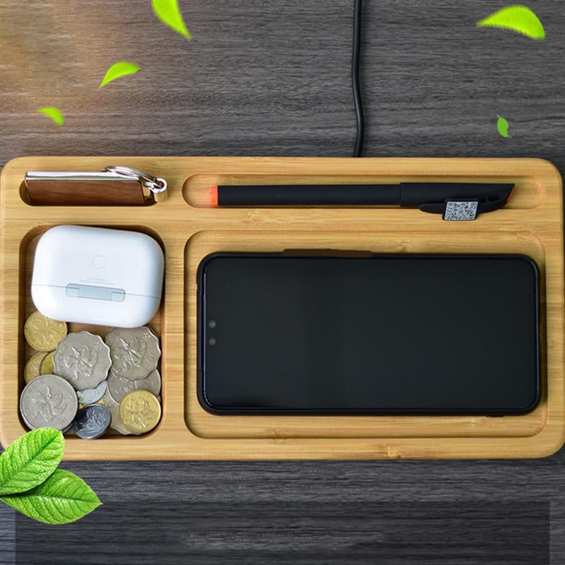 Eco-Friendly Bamboo Wireless Charger Desk Organizer