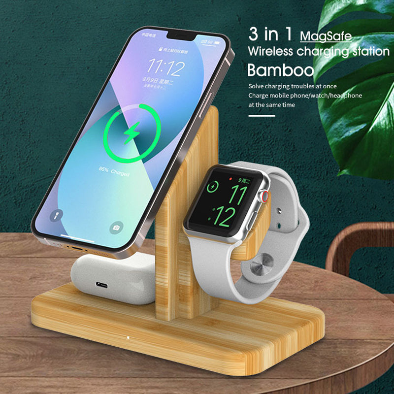 3-in-1 Bamboo Wireless Charging Stand - 15W