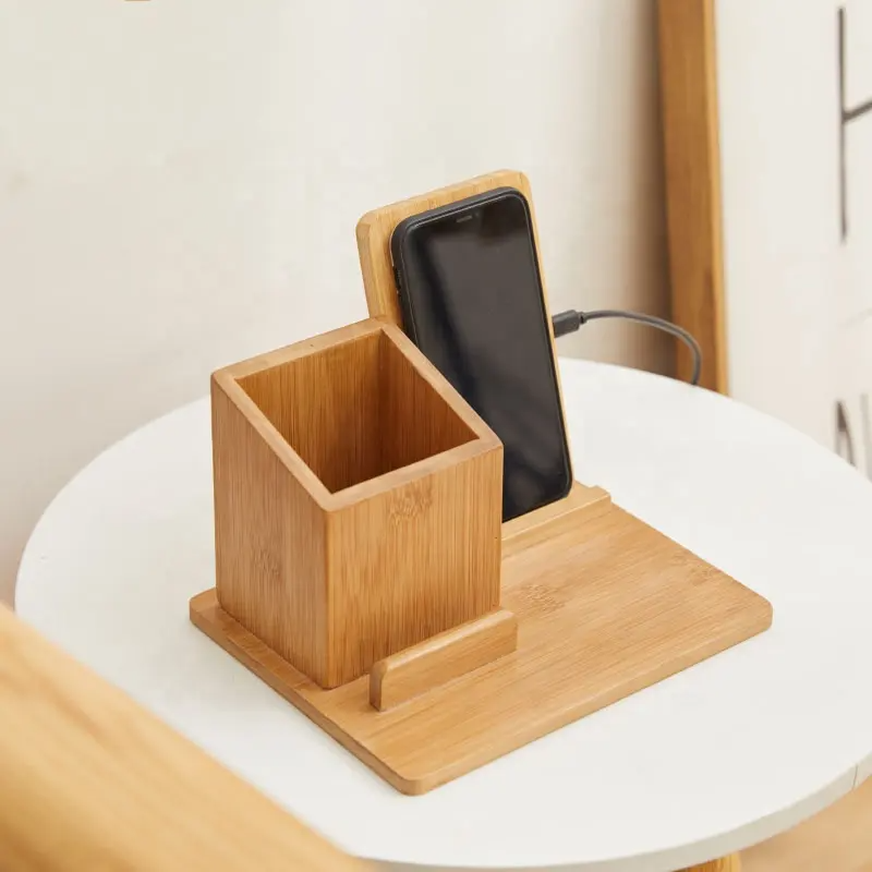 3-in-1 Bamboo Charger Station with Pen Holder